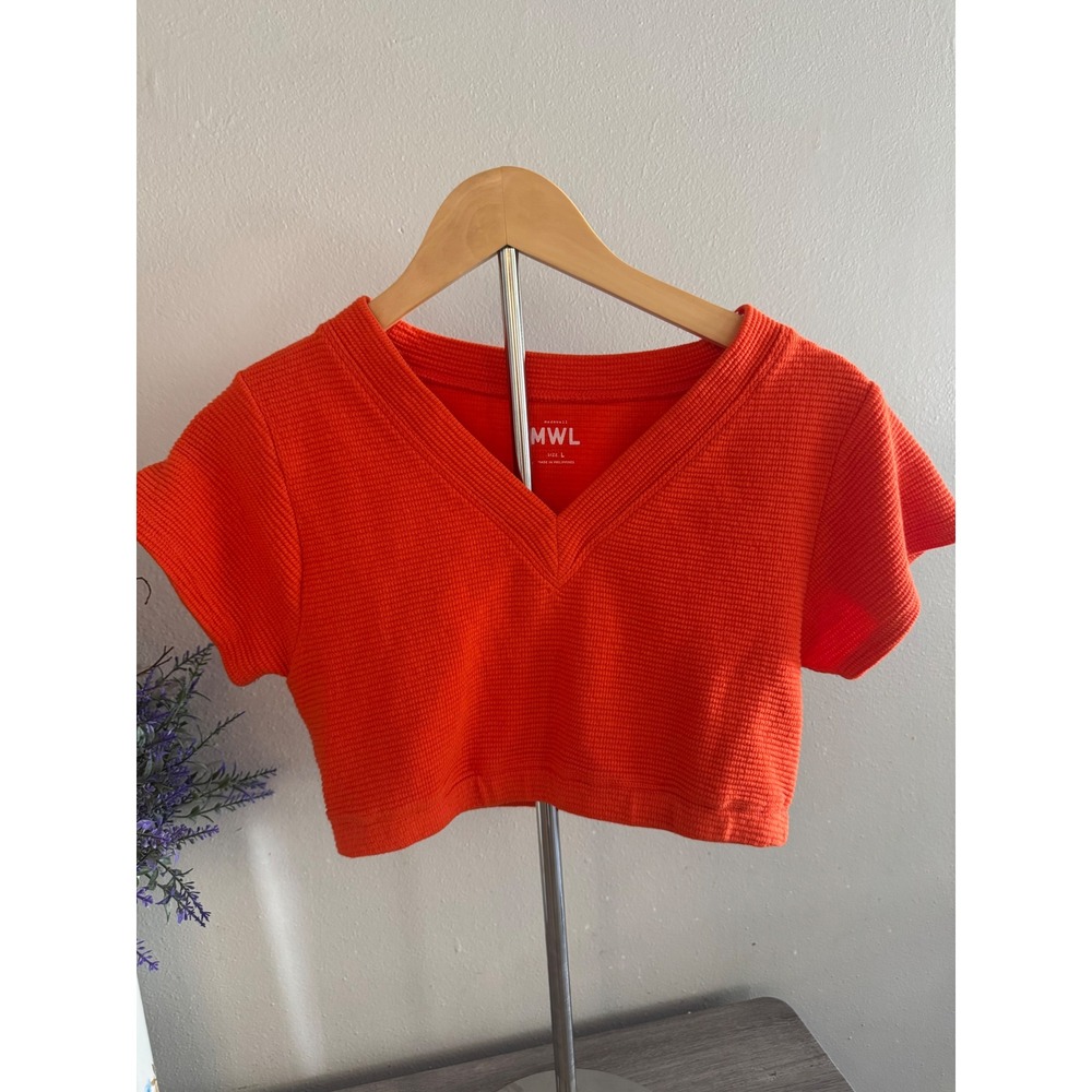 Madewell MWL Orange Waffle Knit V-Neck Crop Top Short Sleeve Size L